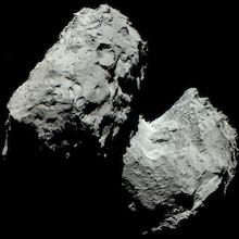 This color image of Comet 67P/Churyumov-Gerasimenko is composed of three images taken by Rosetta's OSIRIS cameras using red, green and blue filters. The images were taken on August 6, 2014 at a distance of 120 kilometers from the comet. Photo: ESA/Rosetta/MPS for OSIRIS Team (Click image to download hi-res version.)